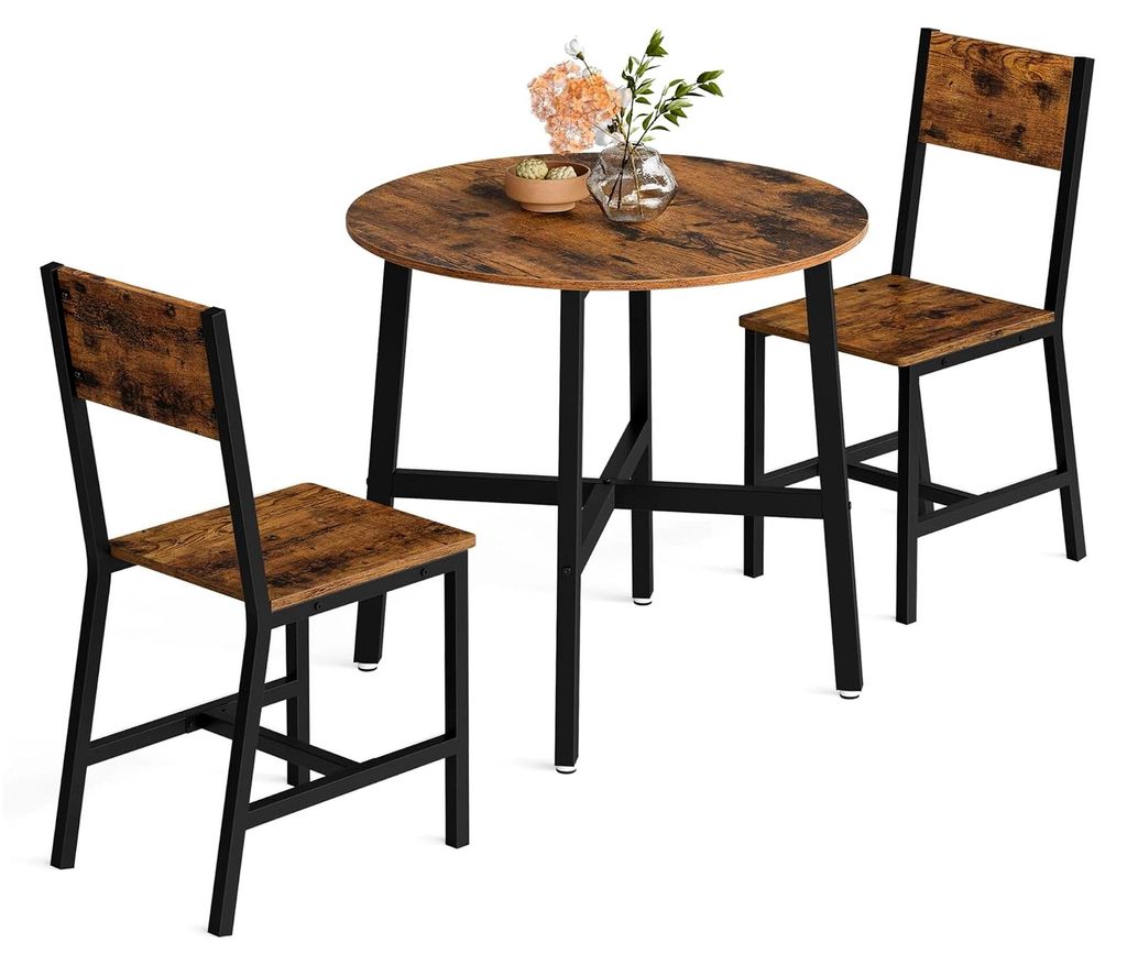 Runder Esstisch mit 2 Stühlen, Esszimmermöbel-Set, für Wohnzimmer und Küche, Metallrahmen, einfache Montage, vintagebraun-tintenschwarz