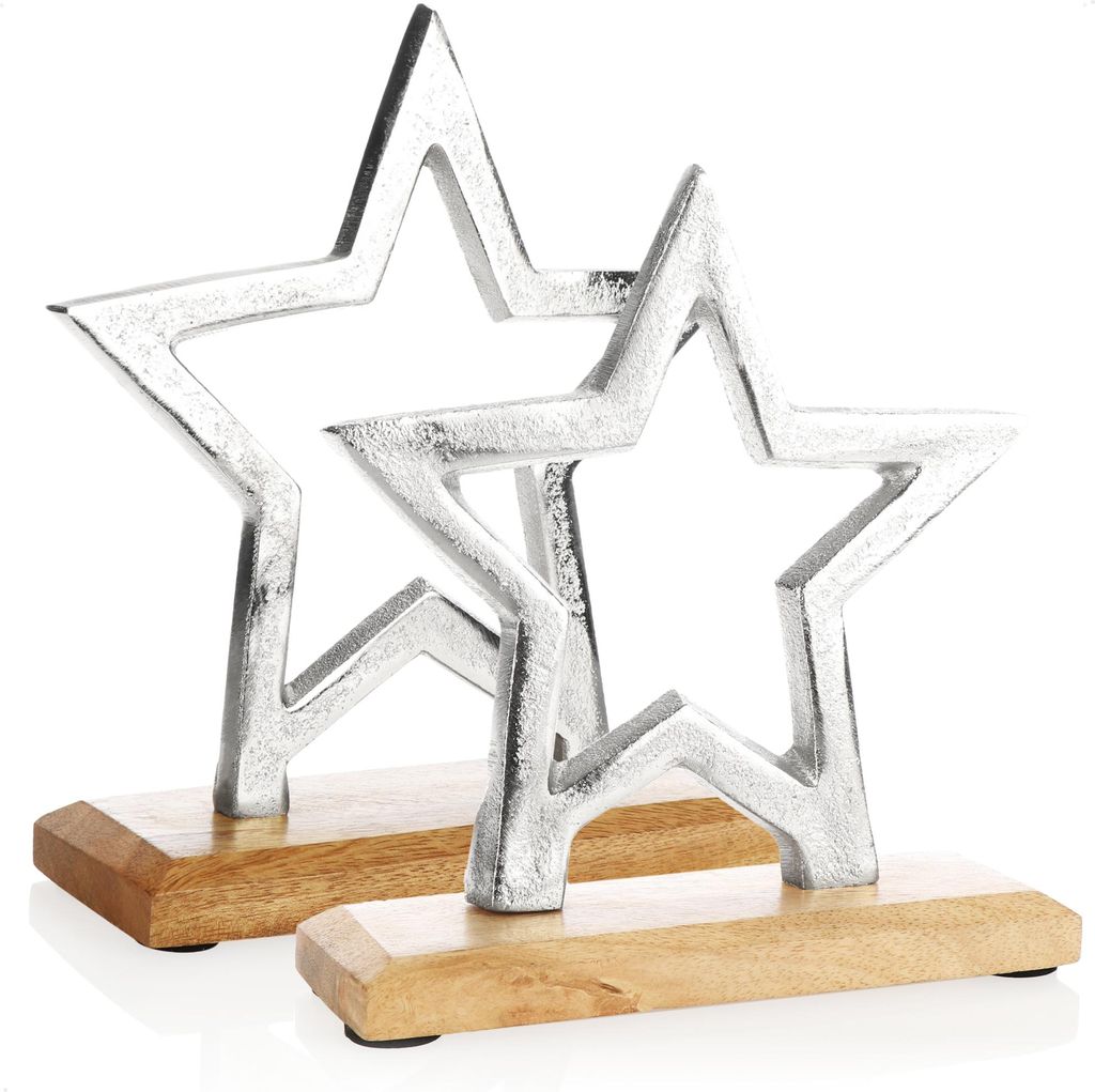 com-four 2x Premium Deko-Aufsteller Stern - Stern-Statue aus vernickeltem Aluminium auf Sockel aus Mangoholz - Deko-Stern zum Hinstellen - tolle ...