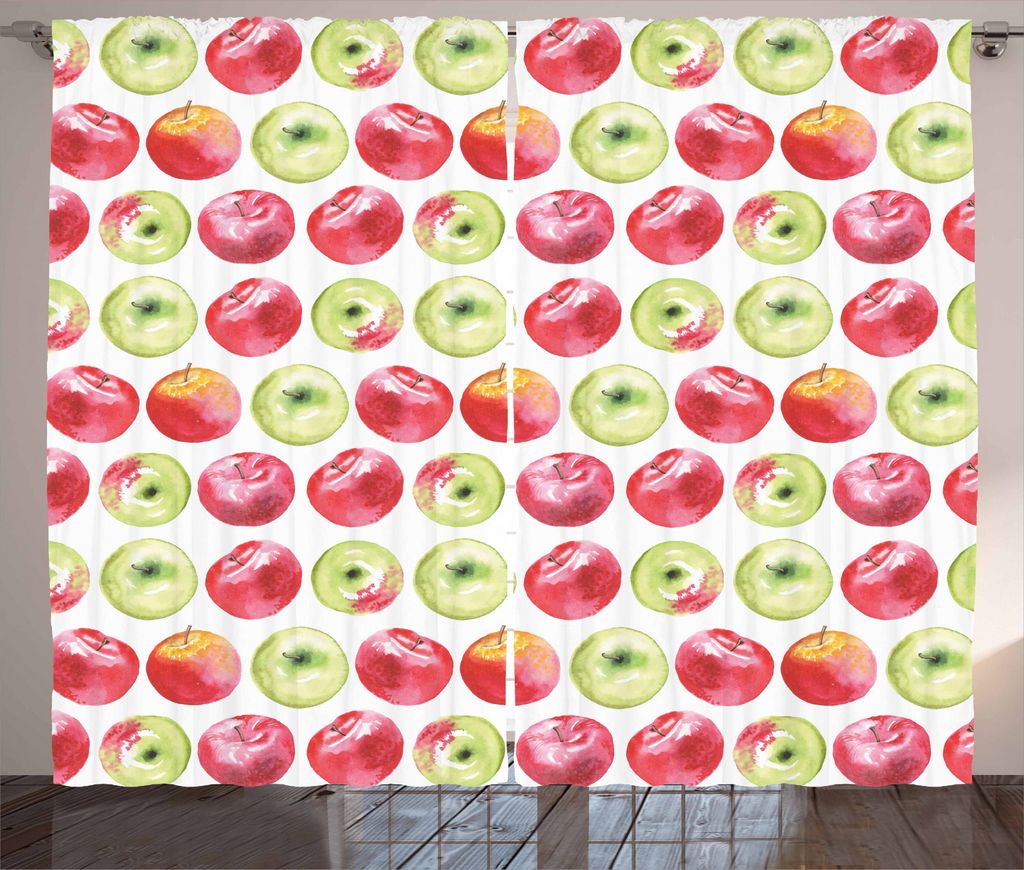 ABAKUHAUS Apfel Rustikaler Vorhang, Aquarell Granny Smith, Wohnzimmer Universalband Gardinen mit Schlaufen und Haken, 280 x 225 cm, Apfelgrün Rot