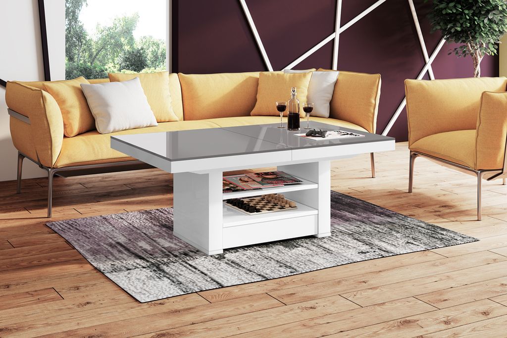 Design Couchtisch Tisch HLM-111 Grau / Weiß Hochglanz Schublade höhenverstellbar ausziehbar
