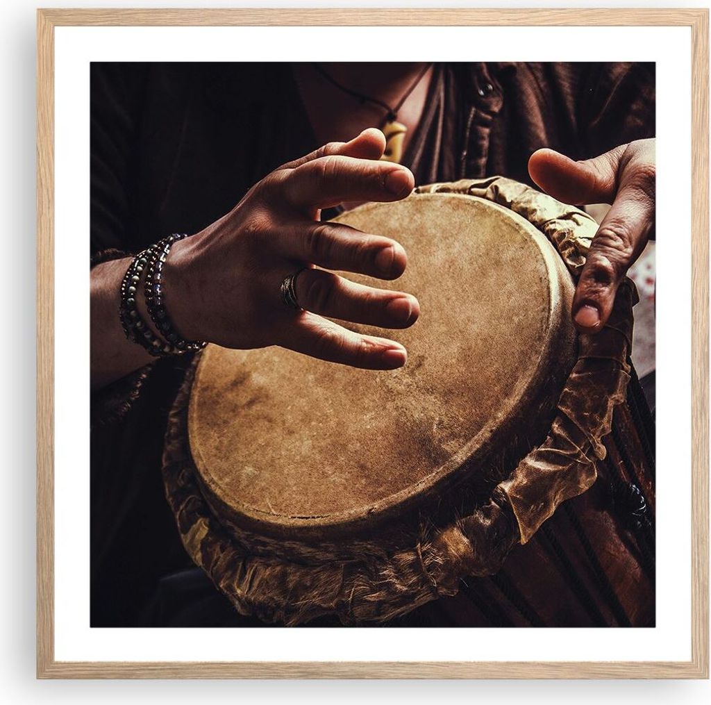 Gerahmtes Poster - Rahmen in heller Eiche - Trommel Indien Musiker - 60x60 cm - Wand Bild - Wanddeko - Wandbilder - Kunstposter - Wandposter - Bild...