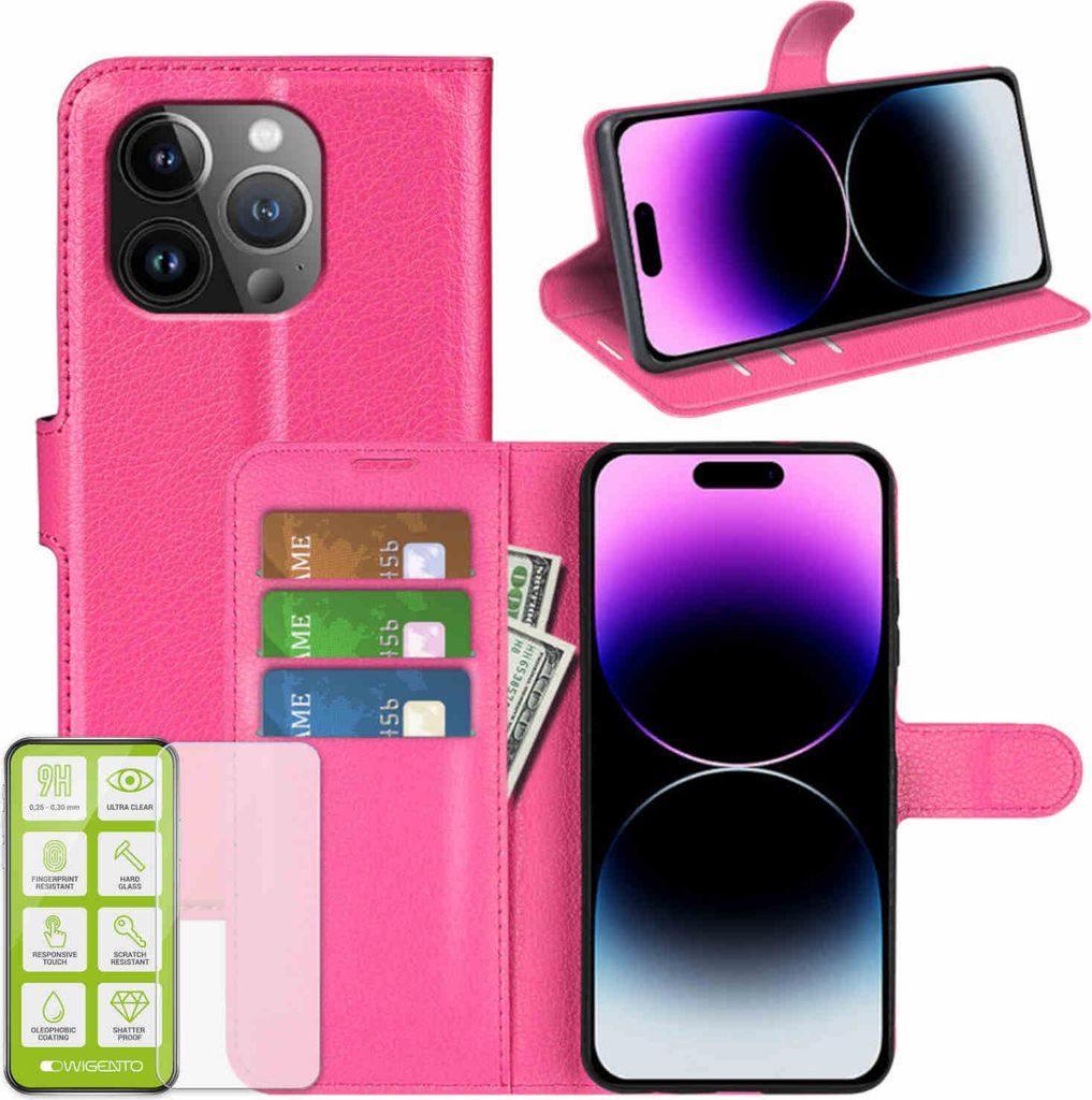 Für Apple iPhone 15 Pro Handy Tasche Pink Etuis Kunst-Leder Hülle Case + H9 Hart Glas