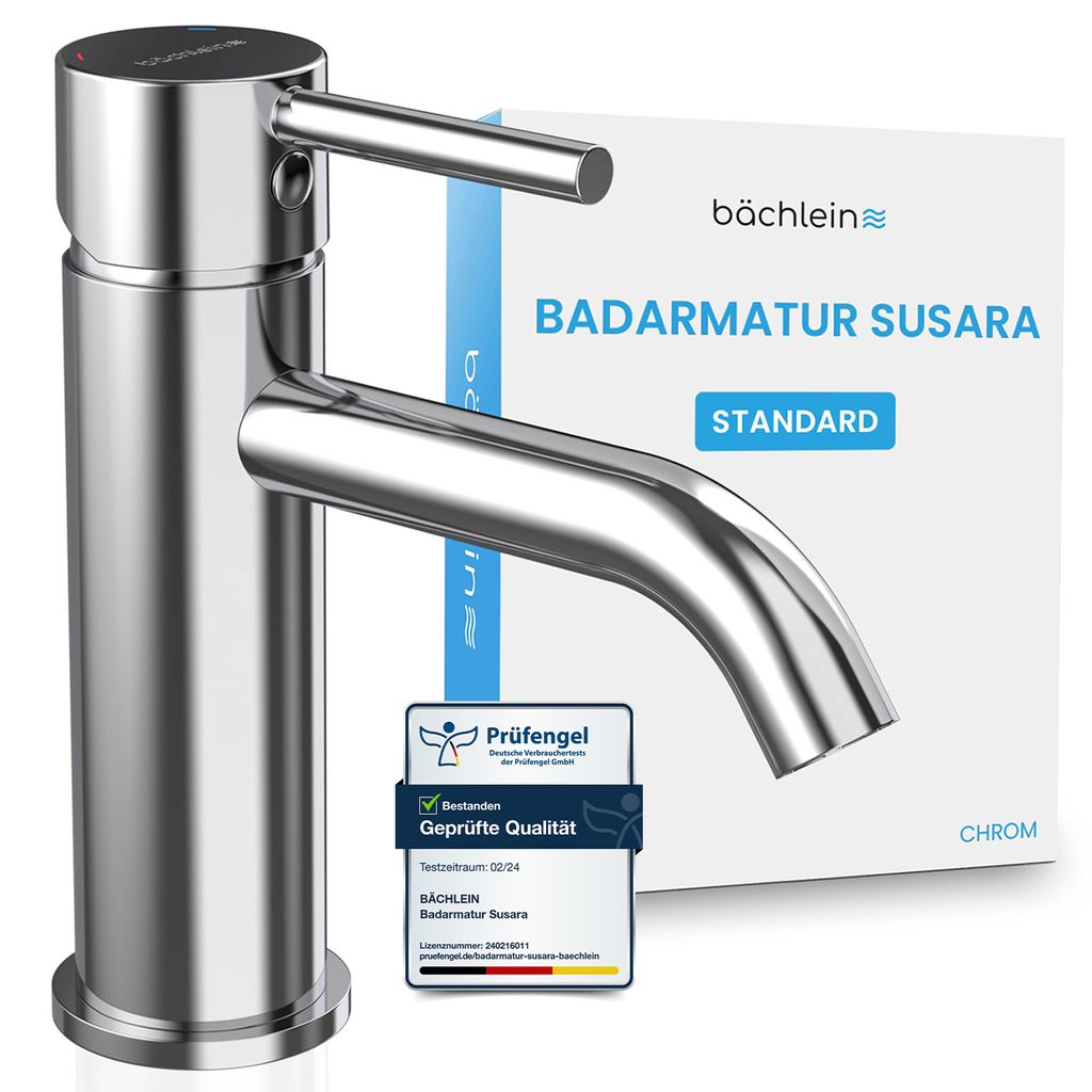 Bächlein Badarmatur Susara mit gebogenem Auslauf, Design Einhebelmischer mit langlebiger Keramikkartusche und Montage-Set, Bad Wasserhahn Chrom