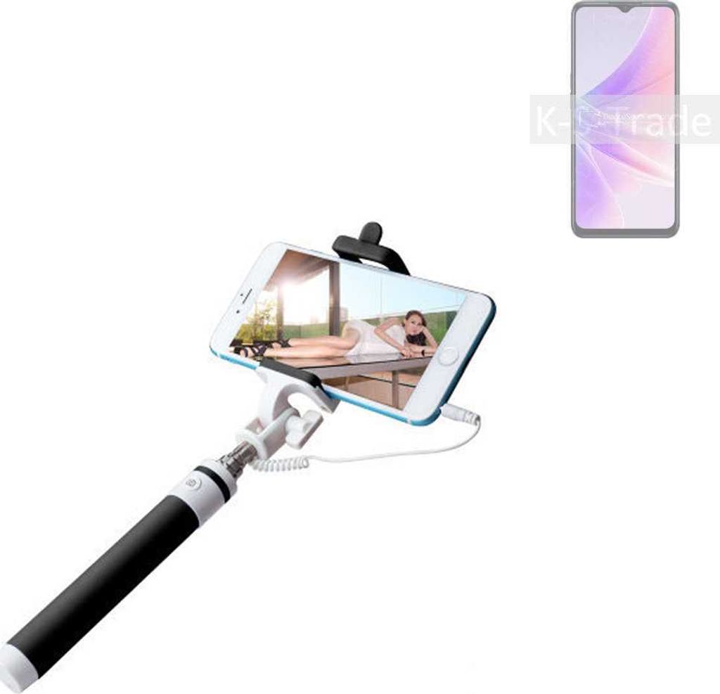 K-S-Trade Selfie Stick kompatibel mit Oppo K10 5G India Selfiestick kabelgebunden Monopod mit Kabel Stab Stange Selfportrait Handheldstick schwarz 1x