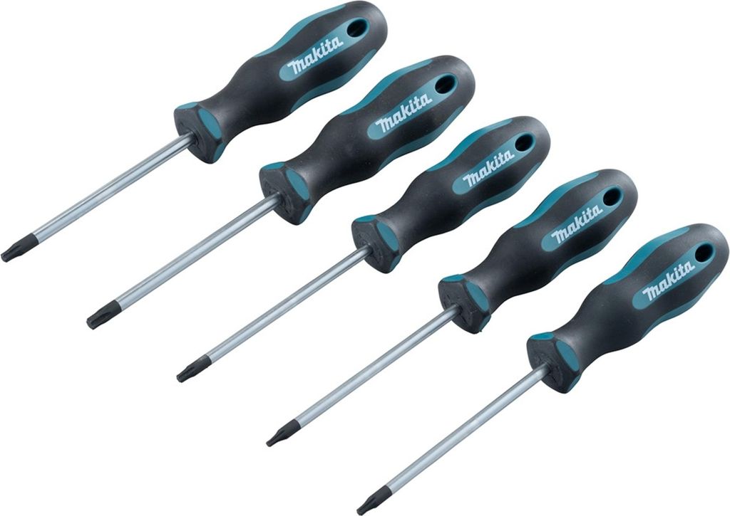 A set of five Torx screwdrivers with black and teal handles, arranged diagonally on a white background.