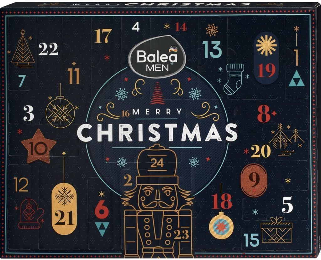 A dark blue advent calendar with Christmas-themed illustrations and numbers.
