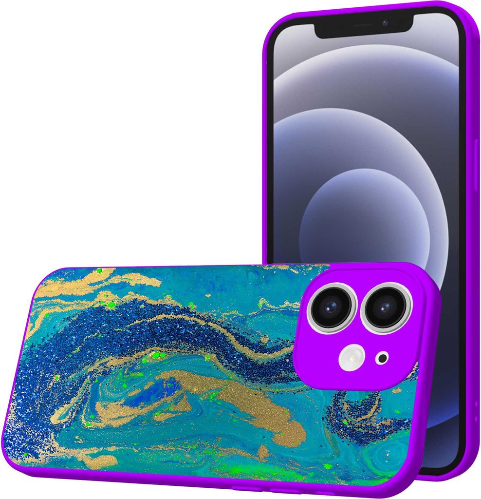 Smartphonica Handytasche passend für iPhone 12 mit Blau-Gold-Marmor-Druck - TPU Back Cover Case Blau-Gold-Marmor Design - Lila