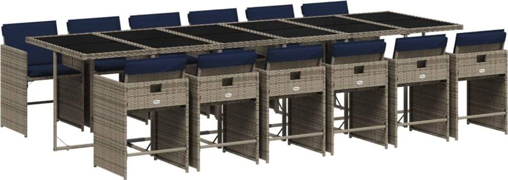 13-teiliges Garten-Ess-Set mit Kissen, grau, Polyrattan