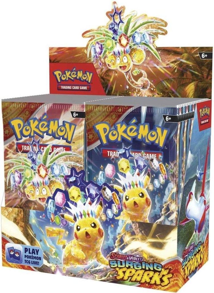 A display box of Pokemon trading card booster packs, featuring Pikachu and various gems.