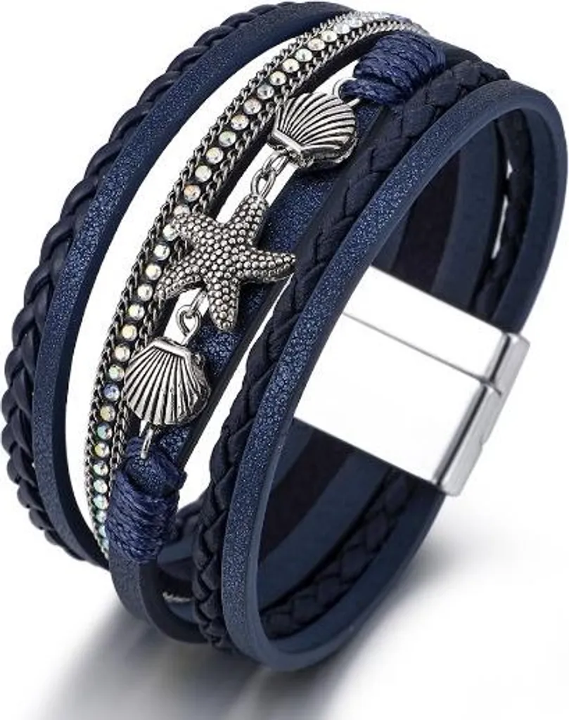 Bracelet cuir bleu ajustable anti-allergie : coquillages et étoiles mer