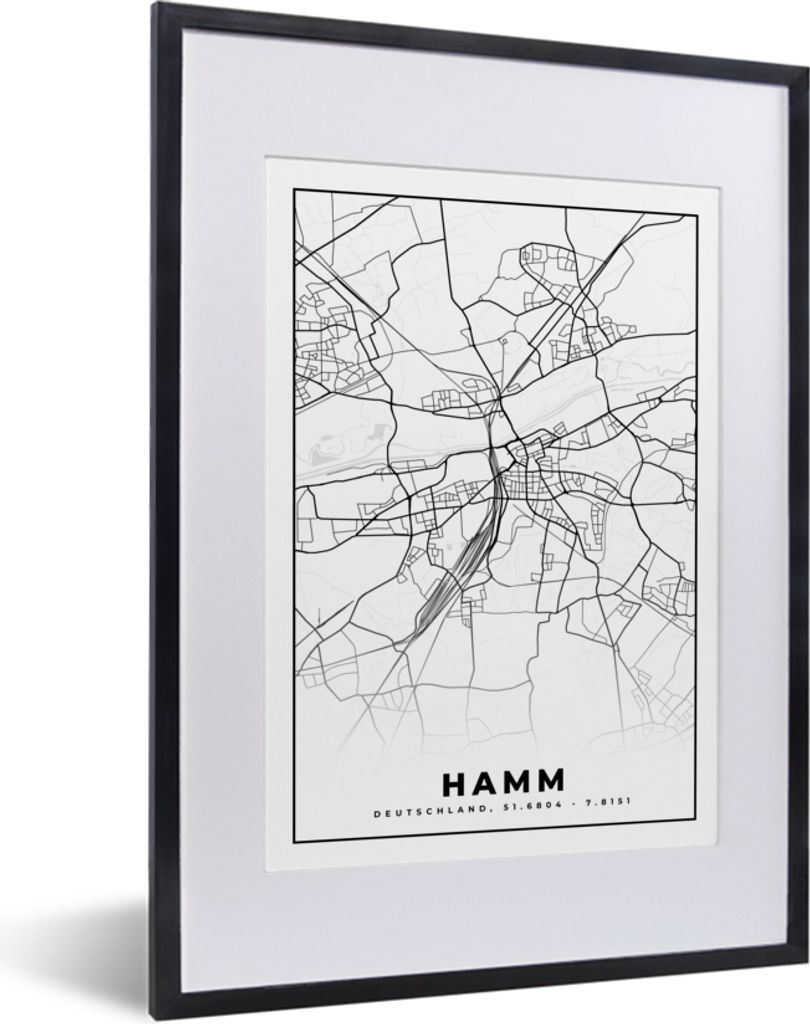 MuchoWow Gerahmtes Poster Karte - Hamm - Stadtplan - Karte 30x40 cm - Poster mit Schwarzem Bilderrahmen Wandposter Rahmen Foto Bilder - Wandposte...