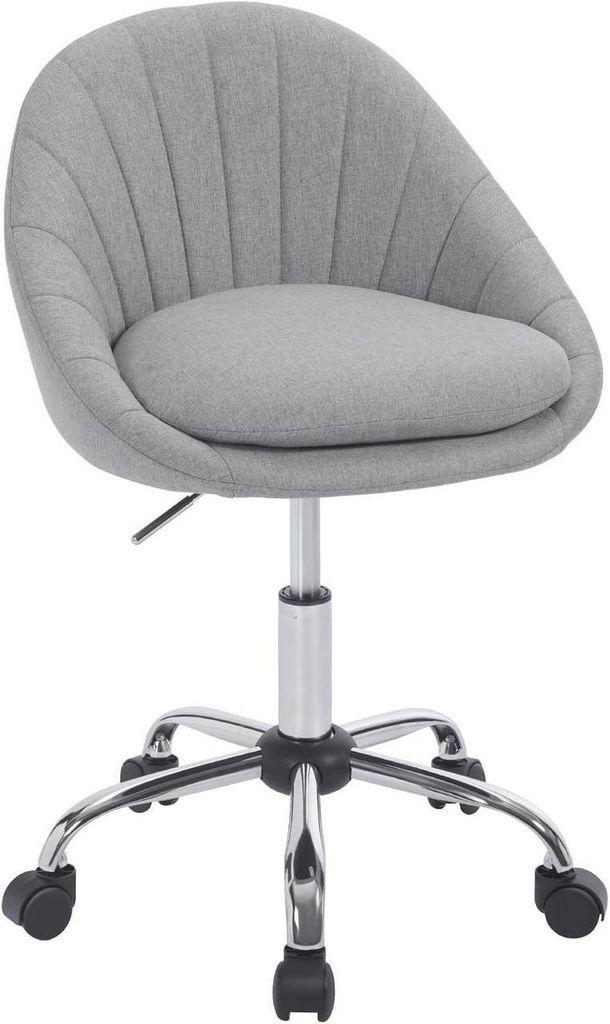 A gray fabric office chair with a chrome base and wheels, shown from a front-side angle against a white background.