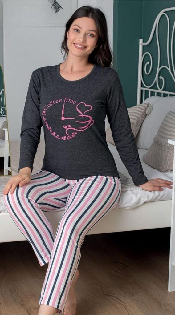 Damen Pyjama Schlafanzug Grau XL Lang Warm 2-Teiler Set Produktbild 