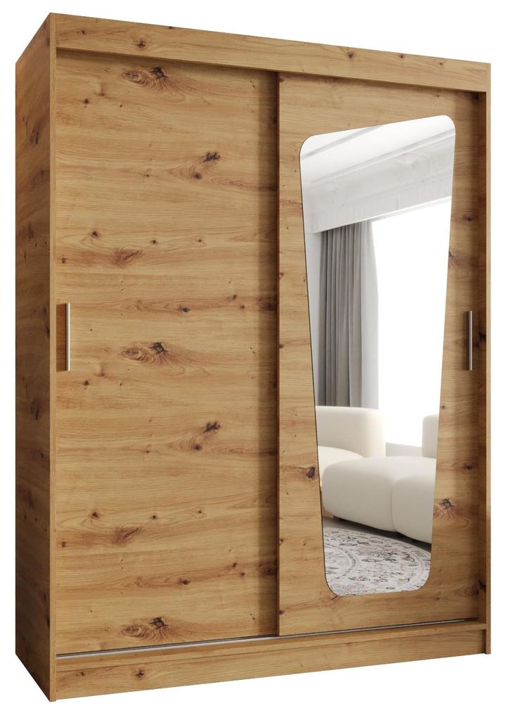 Kryspol - Kleiderschrank mit Spiegel, 150 cmx200x62cm, 2 Tür, MOKA 150, Artisan Eiche