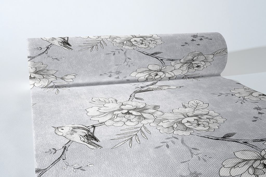 Sovie HORECA Tischläufer Maylin in Hellgrau aus Linclass Airlaid 40 cm x 24 m, 1 Stück - Floral Vögel
