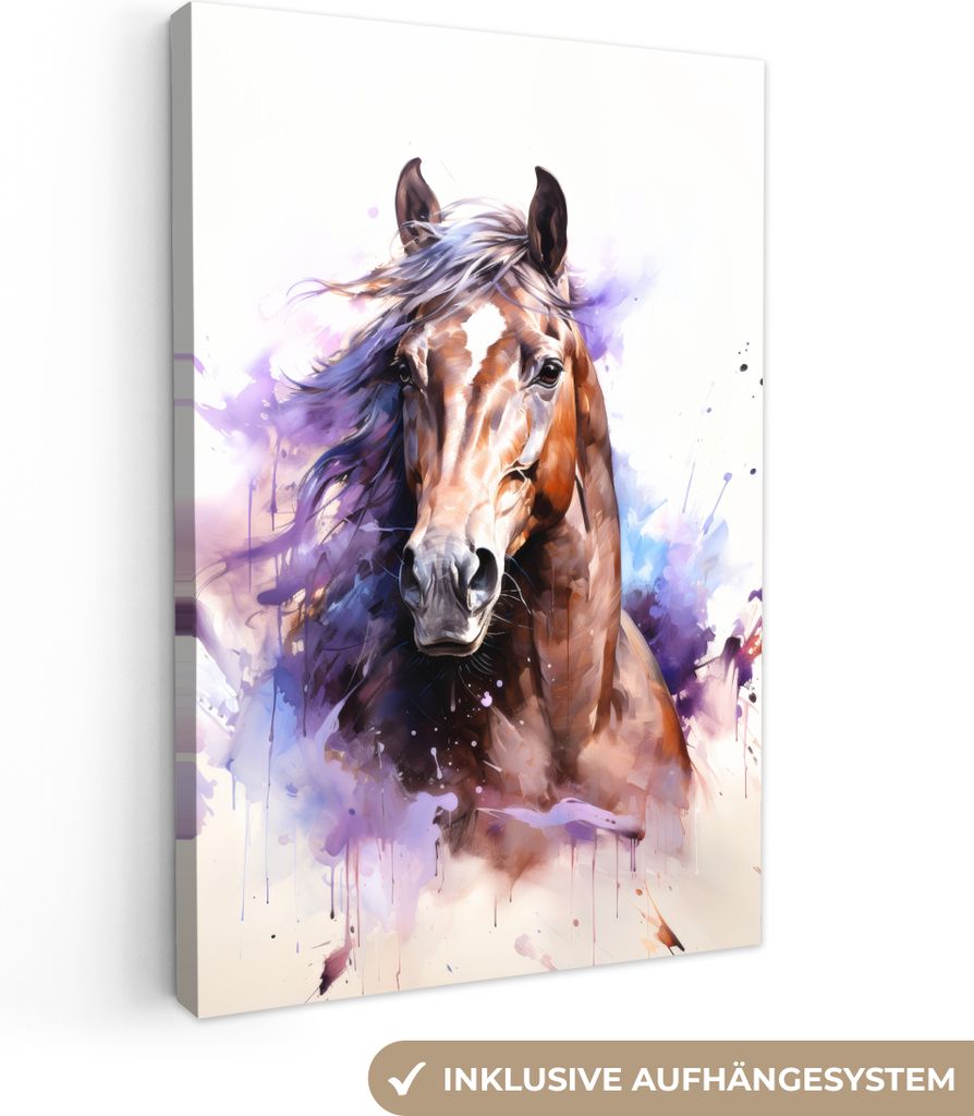 MuchoWow - Leinwandbilder - Pferd - Tiere - Mädchen - Lila - Braun, Wandbild, Wanddeko Bilder Wohnzimmer, 40x60 cm