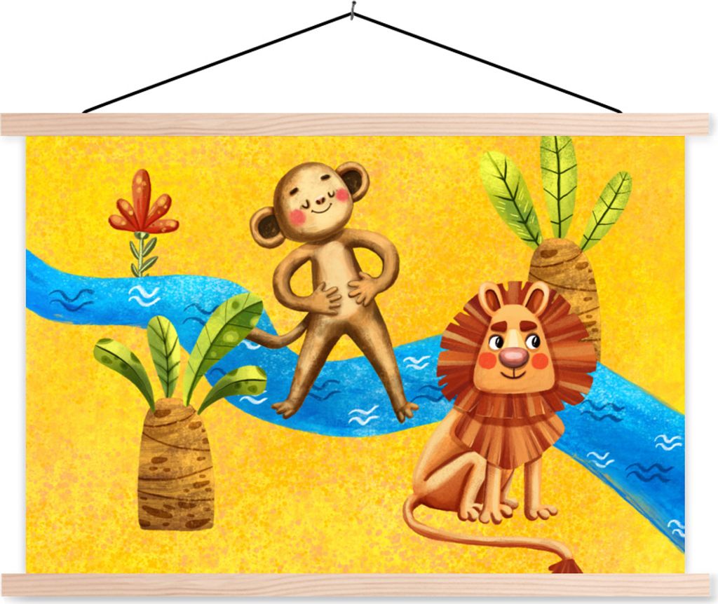 MuchoWow Textilposter Affe - Löwe - Dschungel - Wasser 60x40 cm mit holzfarbenen Rahmen - Bilder