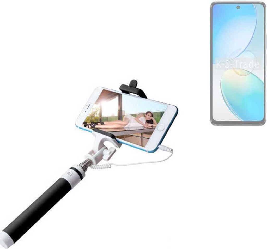K-S-Trade Selfie Stick kompatibel mit Infinix Hot 12 Selfiestick kabelgebunden Monopod mit Kabel Stab Stange Selfportrait Handheldstick schwarz 1x