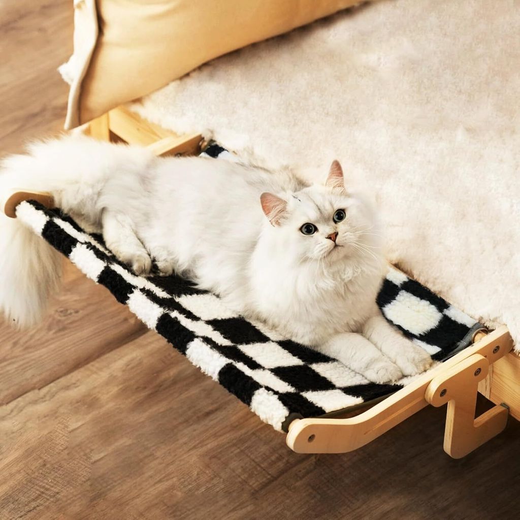 Katze Fenstersitz für Wohnungskatzen, Holz Katze Fenster Sitzstangen Katze Fenster Hängematte für Fensterbänke Nachttische Balkon, Karierter