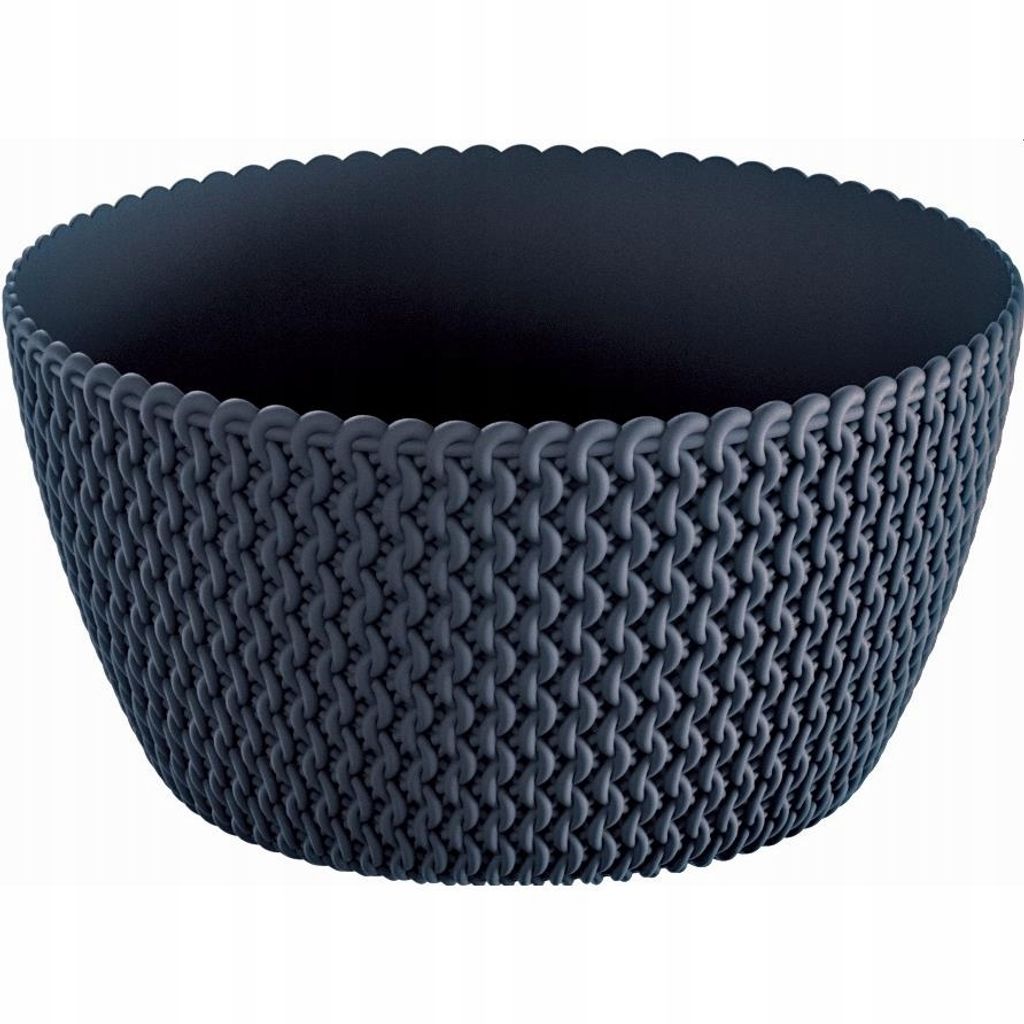 A dark gray, knitted-look plastic planter pot is shown against a white background.