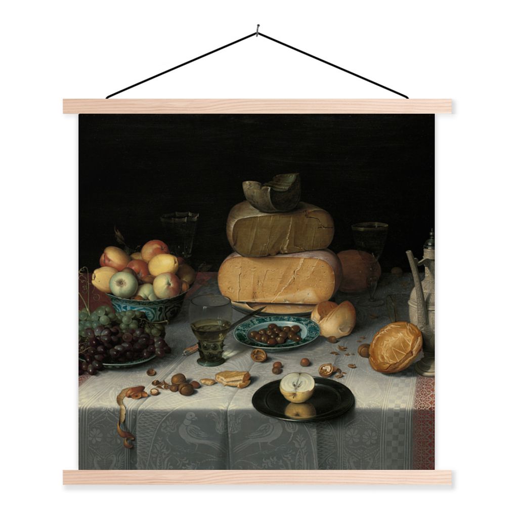 MuchoWow Textilposter Stilleben mit Käse - Gemälde von Floris Claesz. van Dijck 40x40 cm mit holzfarbenen Rahmen - Posterleiste