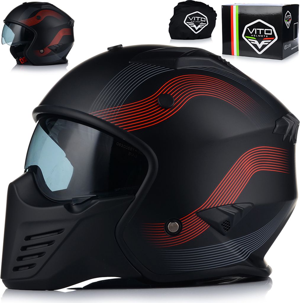 Jet helm mit Sonnenblende | VITO BRUZANO | Rollerhelm trial helm | ECE 22.06 | Motorradhelm mit abnehmbarem Kinnriemen | M (57-58cm)