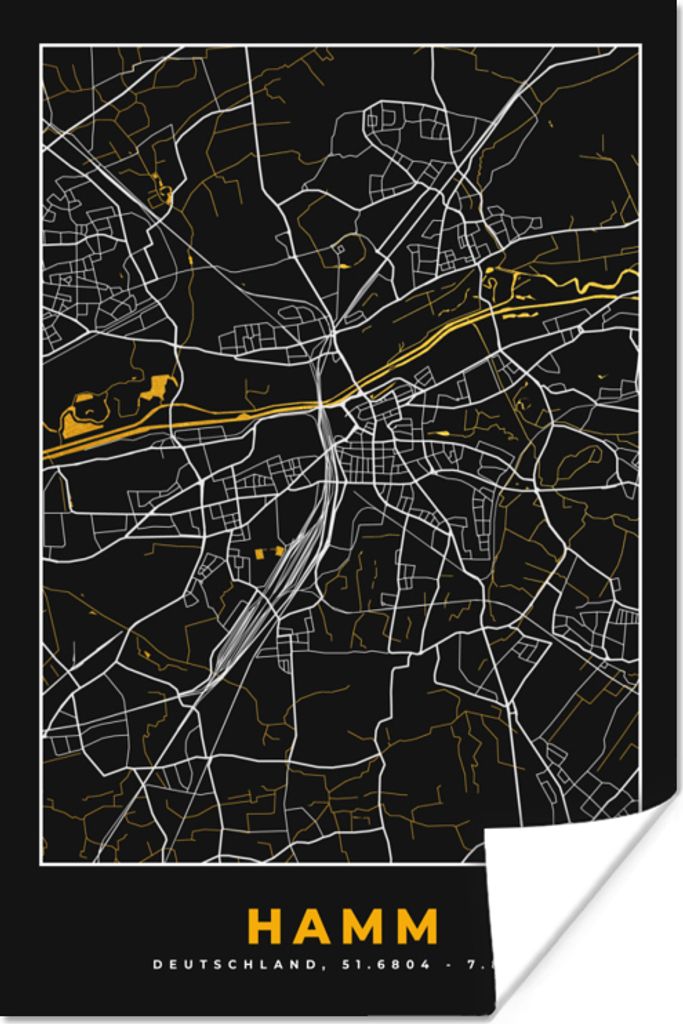 MuchoWow Poster Schwarz und Gold - Stadtplan - Hamm - Deutschland - Karte 40x60 cm - Plakate für die Wand - Poster Babyzimmer