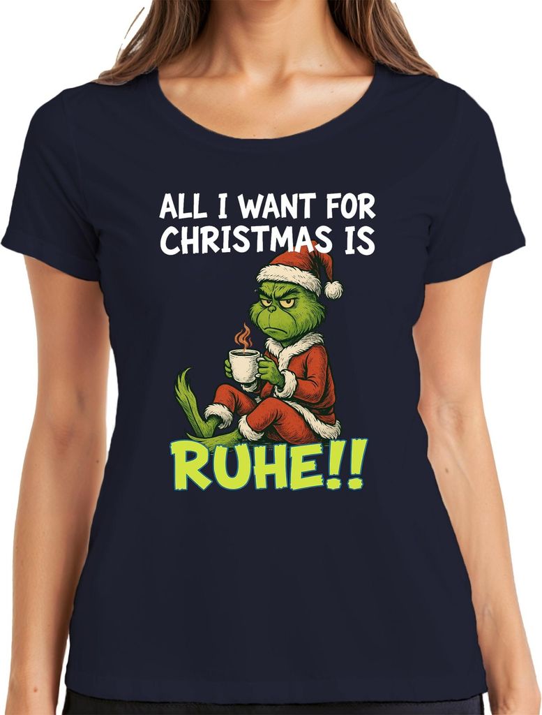 All I want for Christmas is Ruhe weihnachtsgrinch sarkastisch Damen T-Shirt, Navy, XL