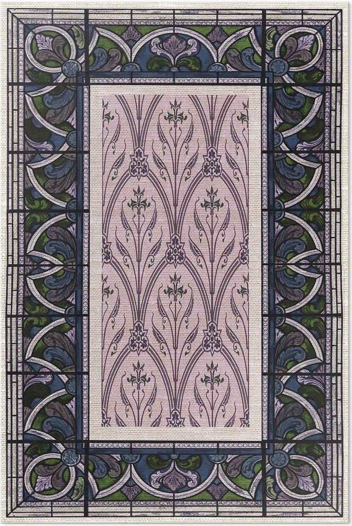Gotische violette Glasmalerei – Vinylteppich – 150x225 cm – Indoor Teppich – Flur – Pflegeleicht – Modern