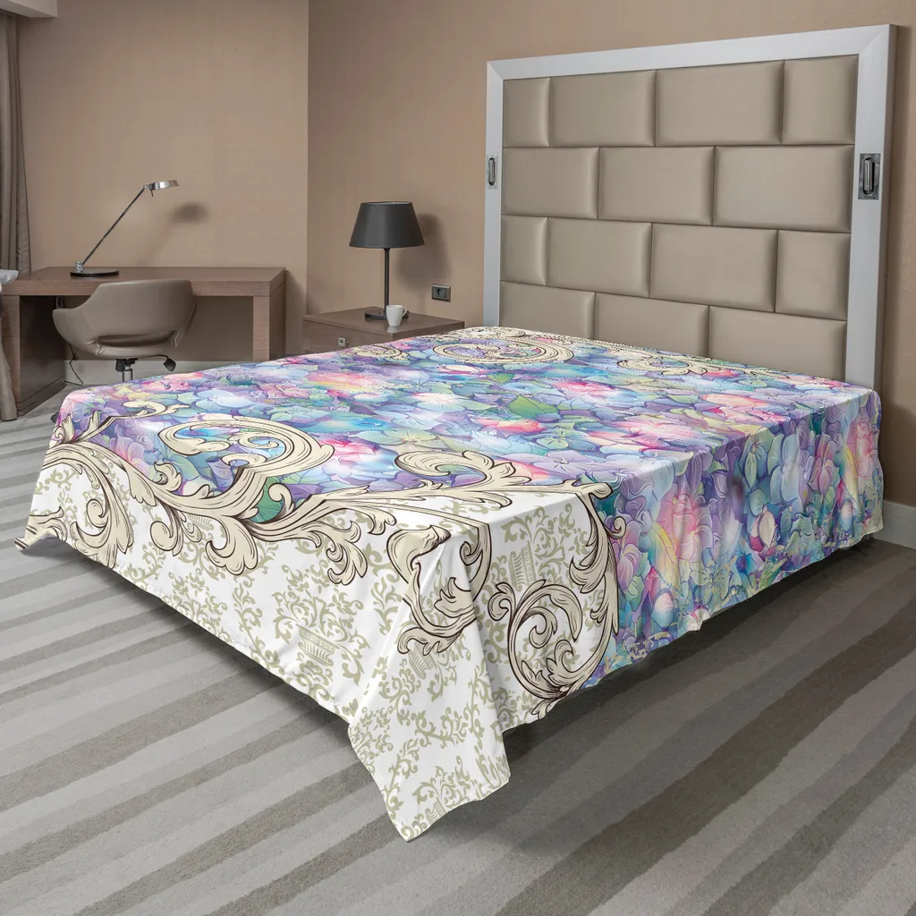 Drap plat décoratif 244x205 cm Lilas et Crème Imprimé Hortensias