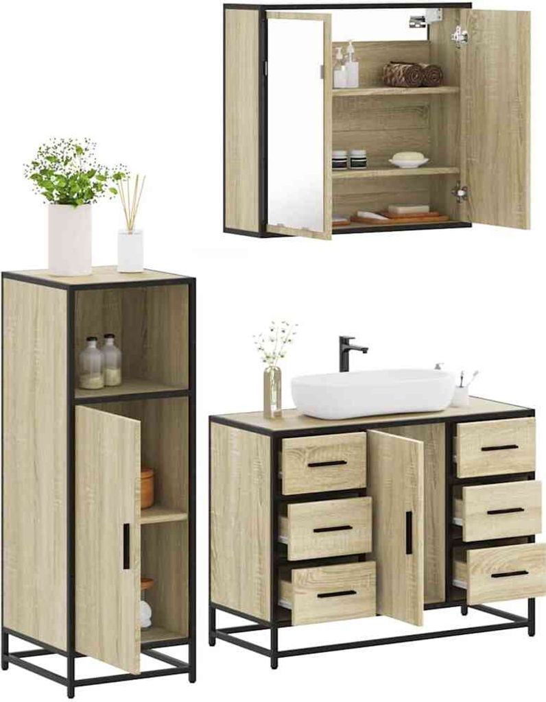 "2024"cloris 3-tlg. Badmöbel-Set Sonoma-Eiche Holzwerkstoff - Badezimmerschränke CHY3179