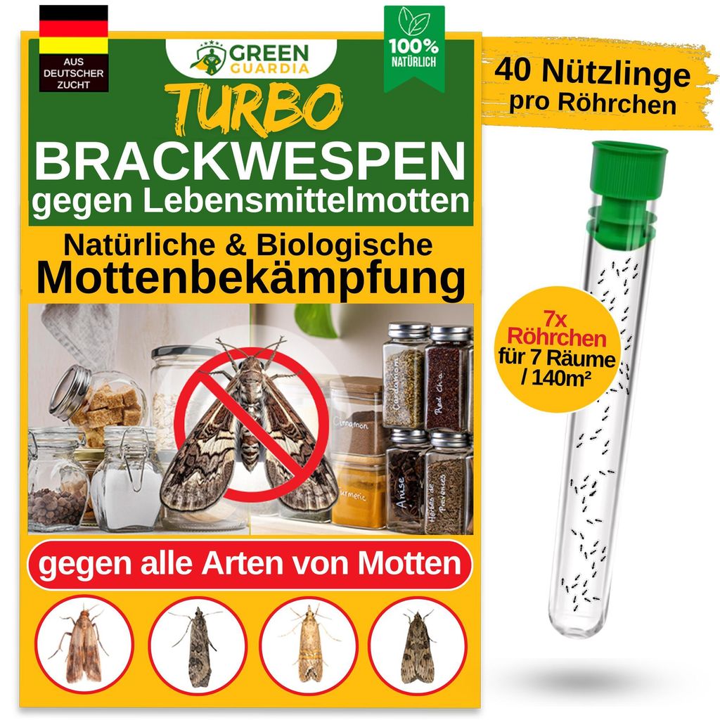 Brackwespen gegen Lebensmittelmotten - 7 Röhrchen - Lebensmittelmotten bekämpfen, Nützlinge gegen Motten, natürliche Mottenbekämpfung, Mottens...