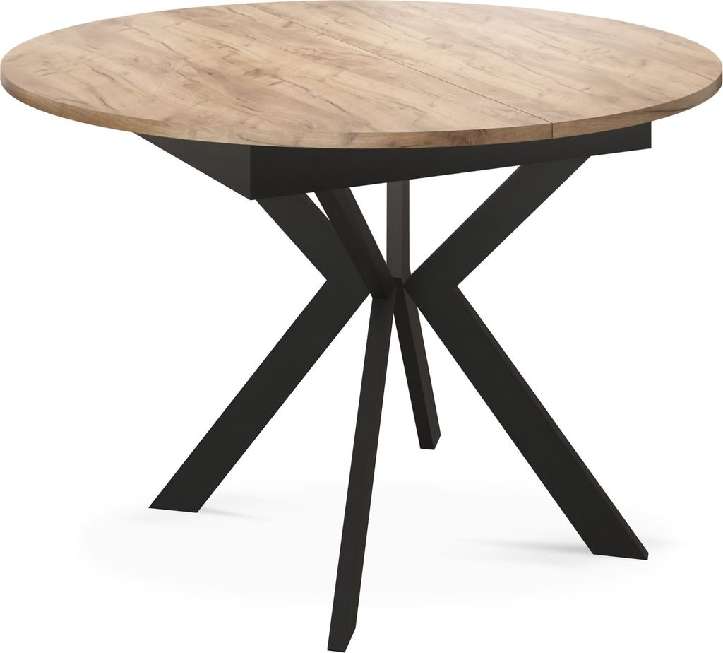 Runder Ausziehbarer Esstisch mit Schwarzen Metallbeinen - Aufbewahrung der Erweiterungsplatte im Inneren - Industrieller Rund Tisch für Wohnzimmer...