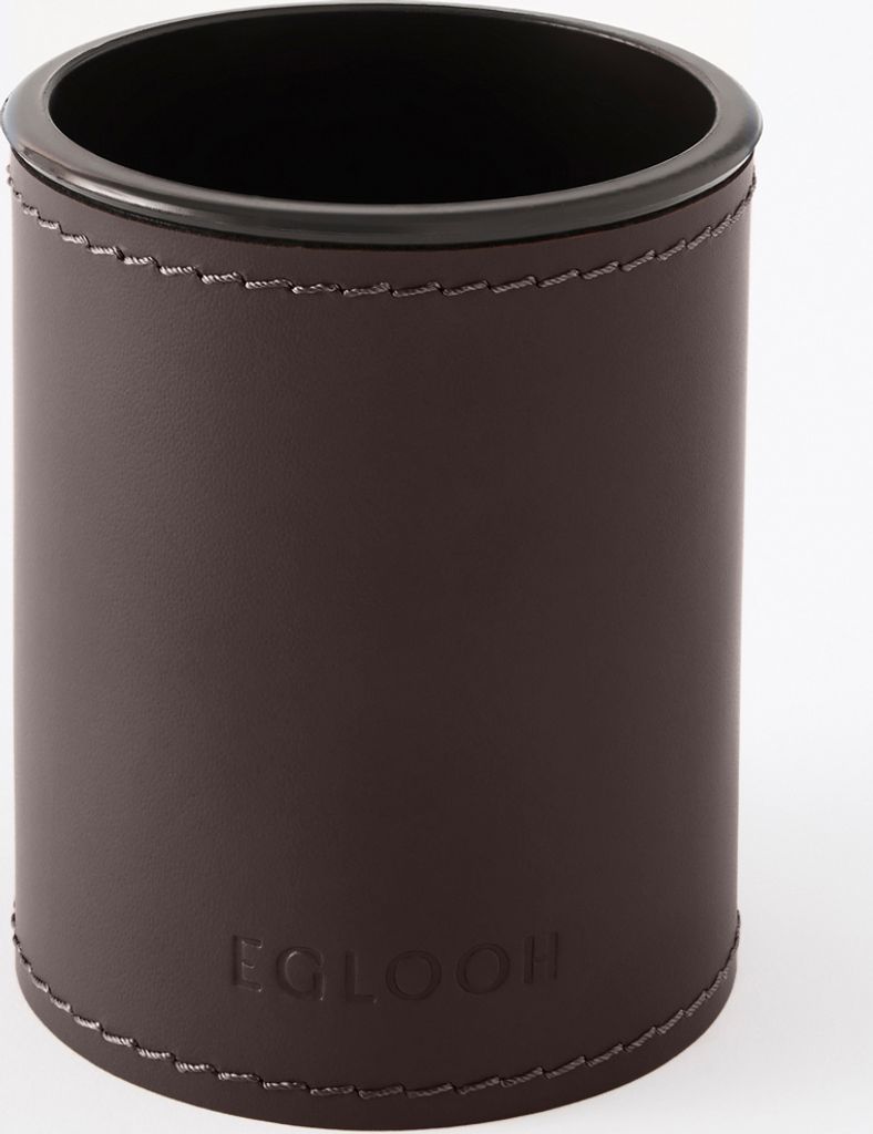 Schreibtisch Stiftehalter Leder Dunkel Braun cm 7.8 x 7.8 x H.9.5 - Rund Design Handwerkliche Nähte - Hergestellt in Italien