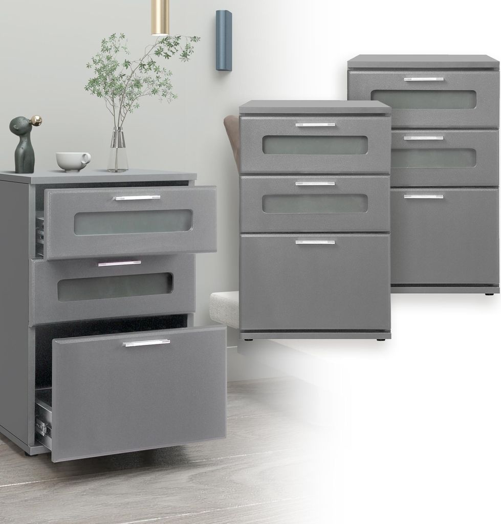 ML-Design Nachttisch 2er Set, Nachtkommode mit 3 Schubladen, oberste mit Glaseinsatz, Grau, 40x60x38 cm, Holz, Boxspringbett Kommode für Schlafzimmer