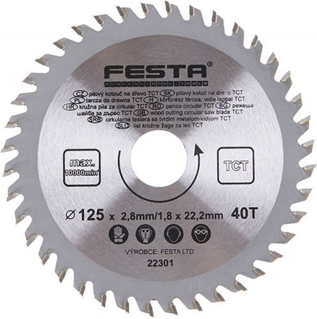 A circular saw blade with brand and technical specifications printed on it.