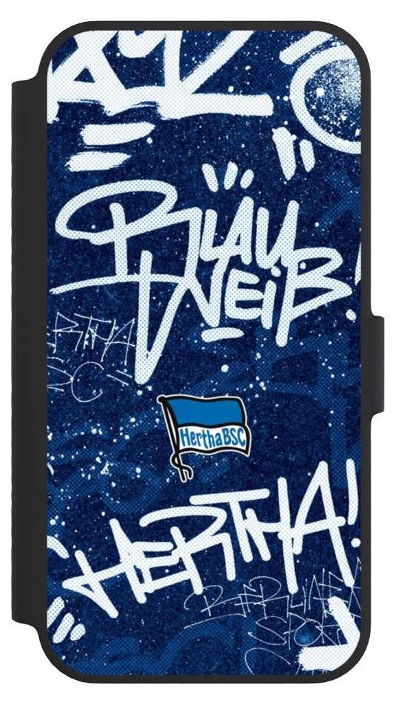 NIVOCASE Klapphülle für Apple iPhone 14 Handyhülle aus Kunst Leder NIVOflip schwarz Graffiti Hertha BSC Offizielles Lizenzprodukt