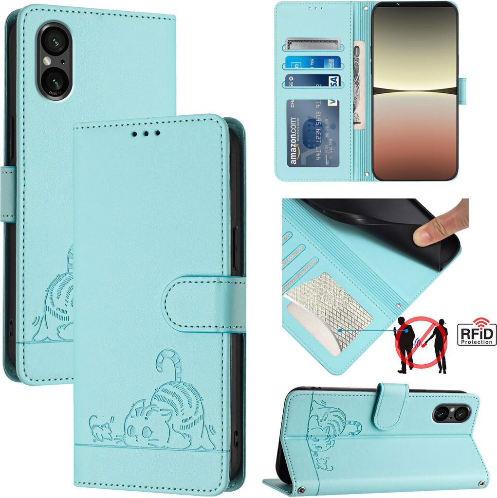 Leder Hülle für Sony Xperia 5 V Süße Katze Flip Case Brieftasche Schutzhülle mit Standfunktion hellgrün