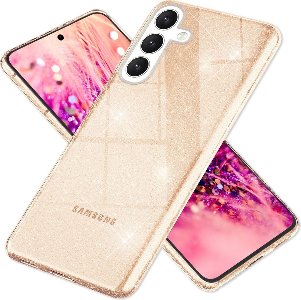 NALIA Glitzernde Schutzhülle für Samsung Galaxy S24 Plus Hülle, Durchsichtige Silikon Handyhülle mit Diamant Pailletten Gold