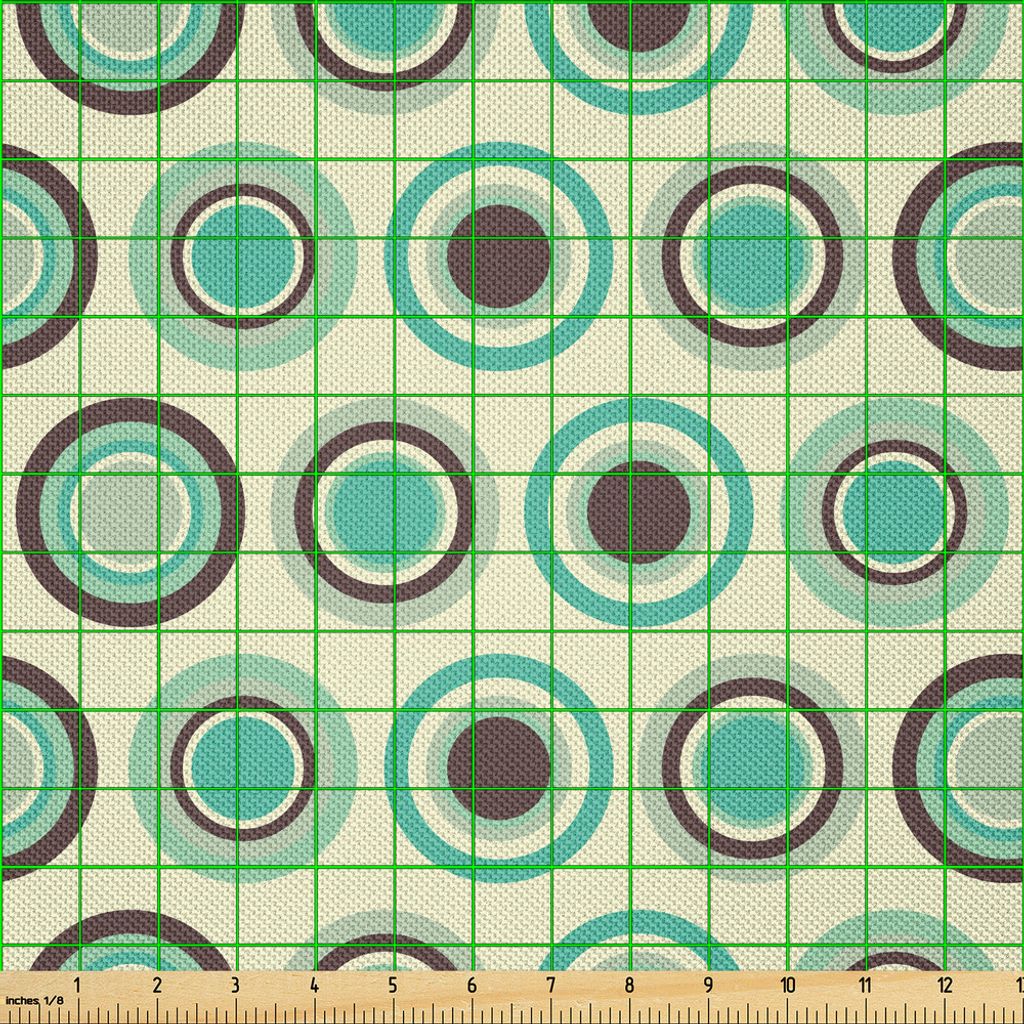 ABAKUHAUS Retro Satin Stoff als Meterware, Tupfenmuster in Pastellfarben Altmodische Fliesen-Ring-Formen, 1 M (148 x 100 cm), Dunkler Taupe Mint Green