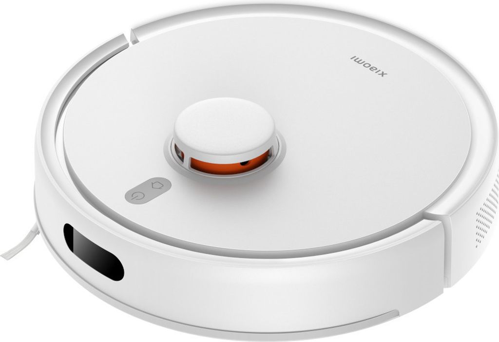 A white, round robot vacuum cleaner is shown from a slightly elevated angle against a white background.