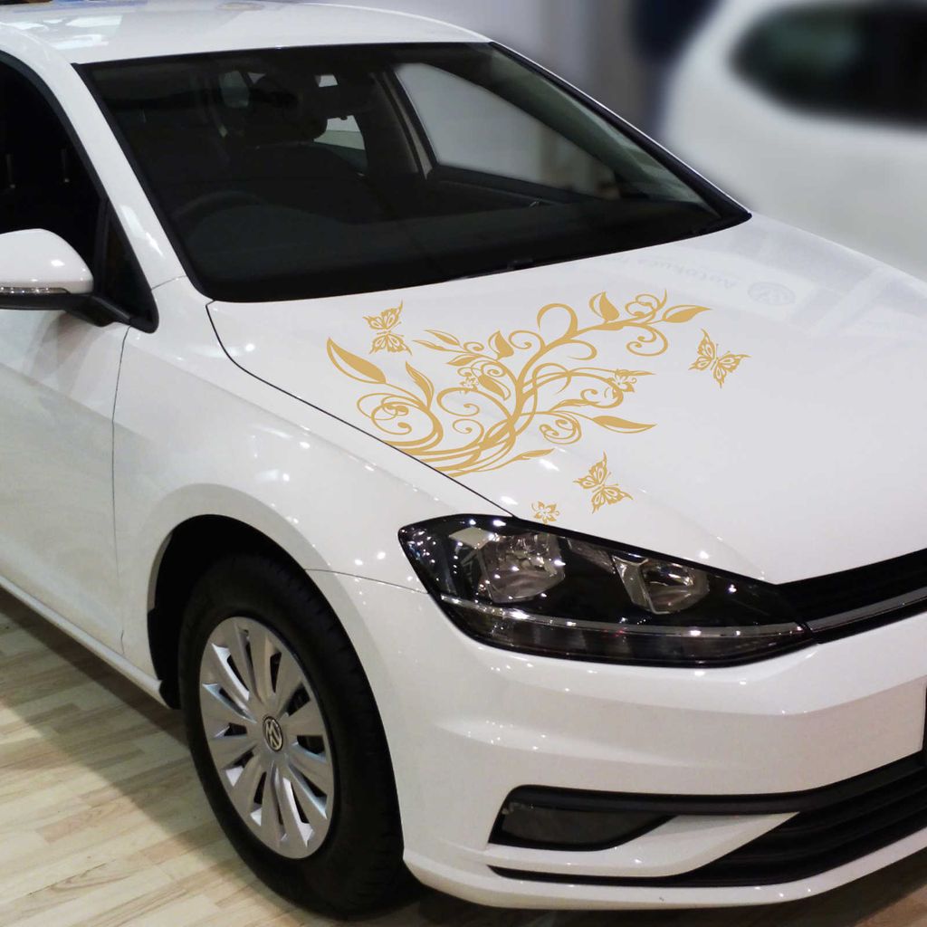 Aufkleber - Blumenranke Autoaufkleber + 3 Schmetterlinge 77cm x 50cm gold - Tuning Carystyling Heckscheibe Auto