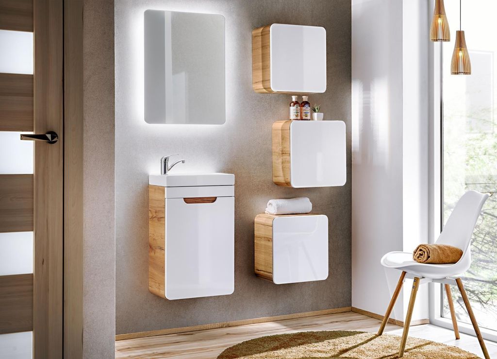 Design Badezimmer Möbel Bad 5tlg. Set Schrank Waschbecken Beleuchtung Garnitur