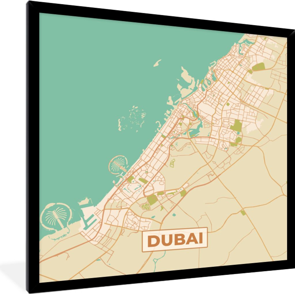 MuchoWow Gerahmtes Poster Dubai - Karte - Stadtplan - Vintage 40x40 cm - Poster mit Schwarzem Bilderrahmen Wandposter Rahmen Foto Bilder - Mit Ra...