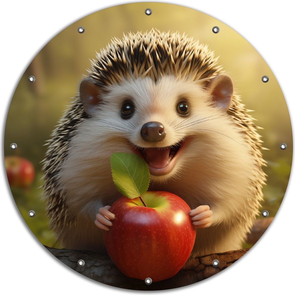 Wallario rundes Outdoor-Poster für Garten oder Balkon, Motiv Lächelnder Igel mit Apfel, 90 cm Durchmesser