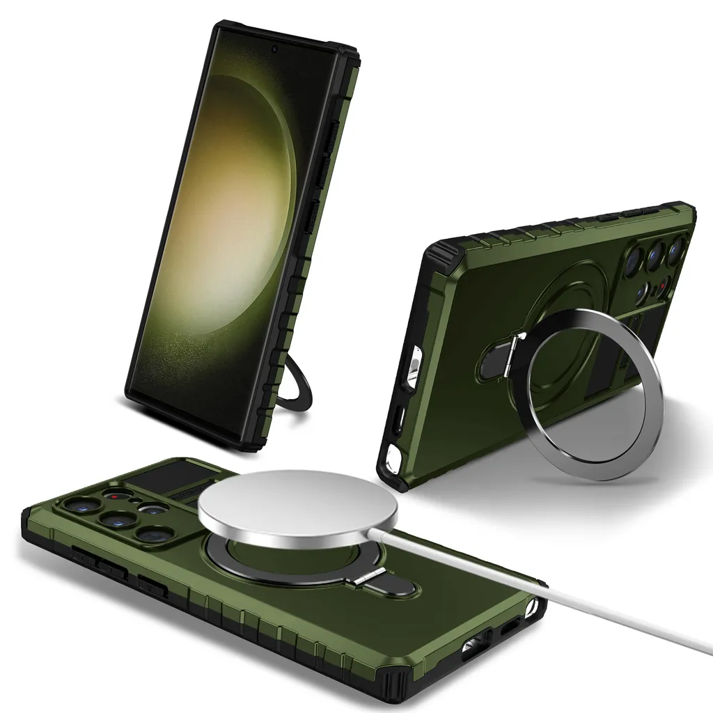 Custodia per Samsung Galaxy S25 Ultra magnetica con MagSafe, supporto per anello, supporto, custodia protettiva a doppio strato verde - 1