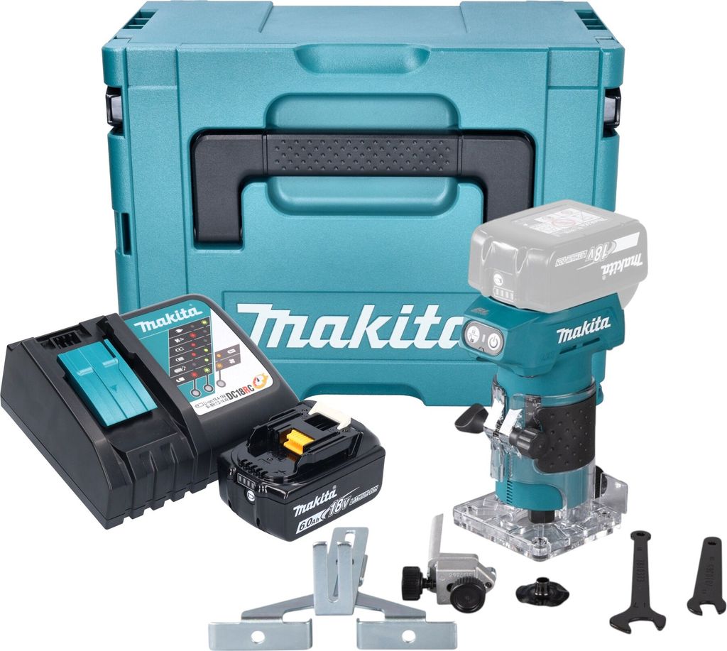 Makita DRT 52 RG1J Akku Kantenfräse 18 V 6 mm Brushless + 1x Akku 6,0 Ah + Ladegerät + Makpac