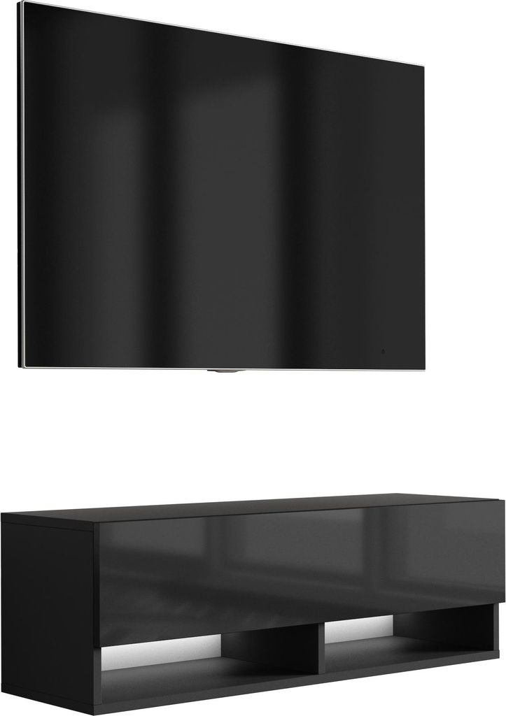 TV-Lowboard 100 cm Mattschwarz / Hochglanzschwarz, weiße LED, 100 × 32 × 34 cm