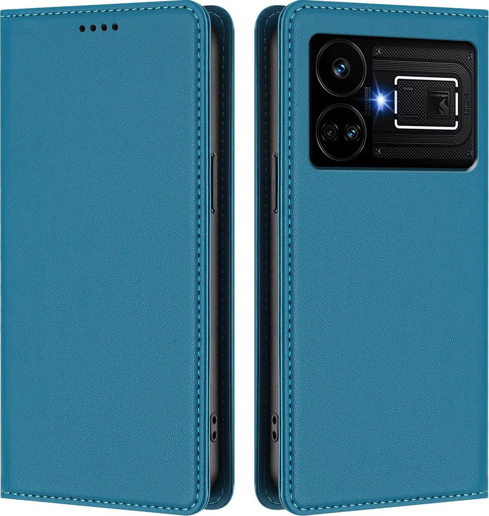 Handyhülle für Realme GT5 5G, Kunstleder Klapphülle Stoßfeste Magnetische Hülle mit Ständer Blau
