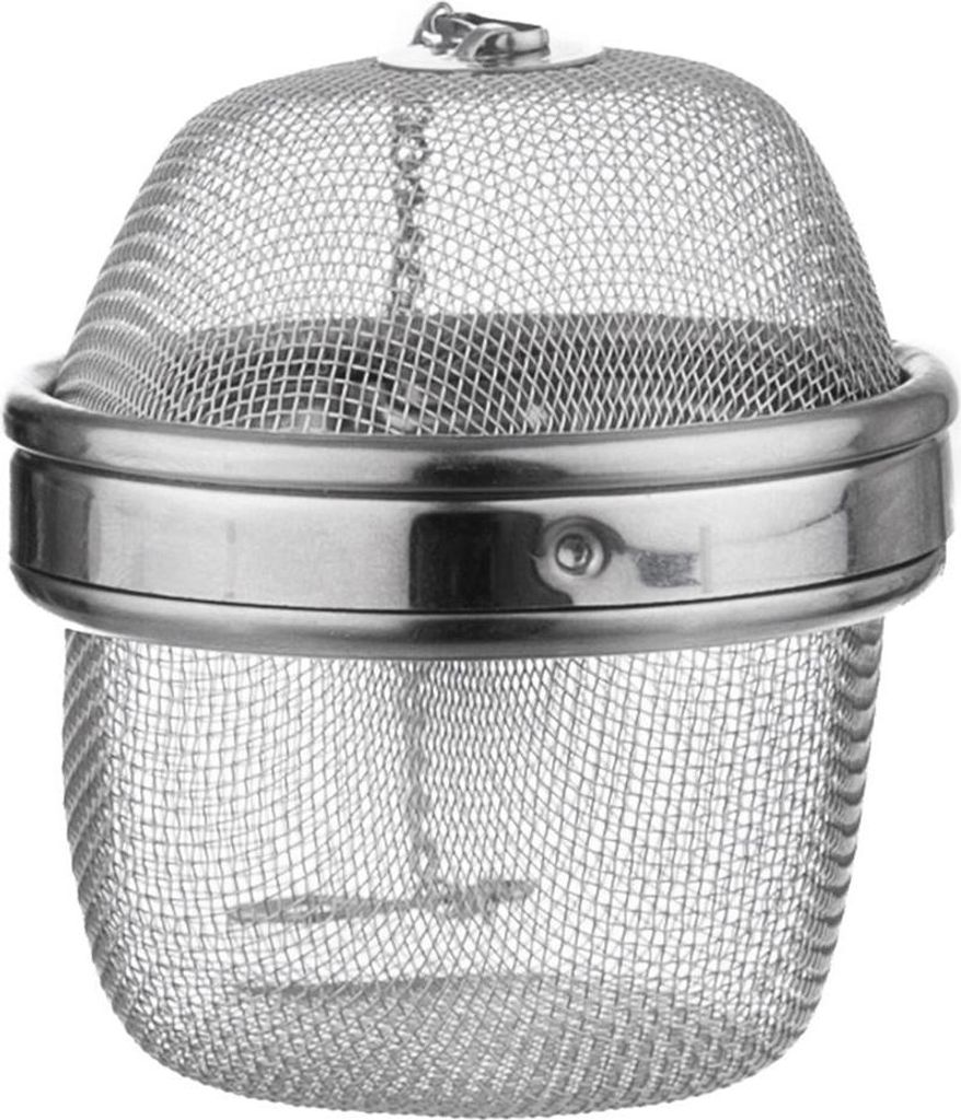 A silver mesh tea infuser with a chain.